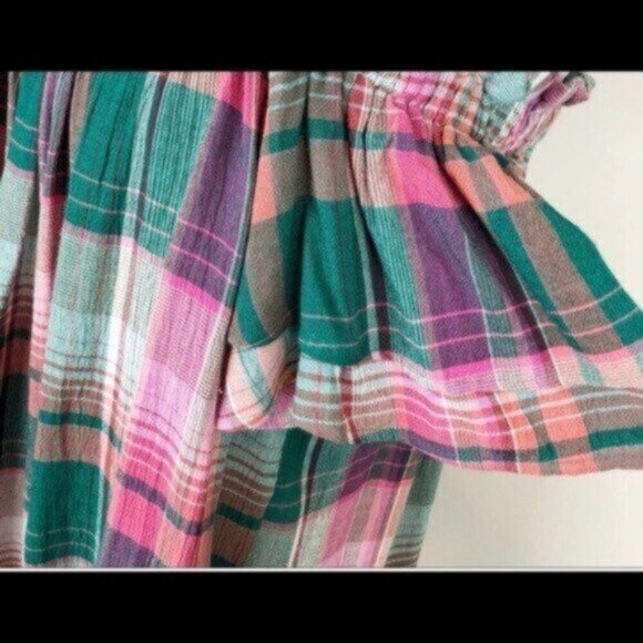 Ann Taylor LOFT | Off Shoulder Green Mauve Plaid Blouse Size Medium - Picture 8 of 8